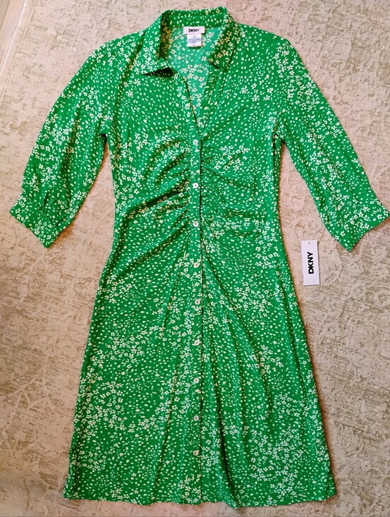 Dkny Dresses & Skirts - NWT 8 DKNY Green And White Floral 3/4 Sleeve Button Front Midi Shirt Dress NEW